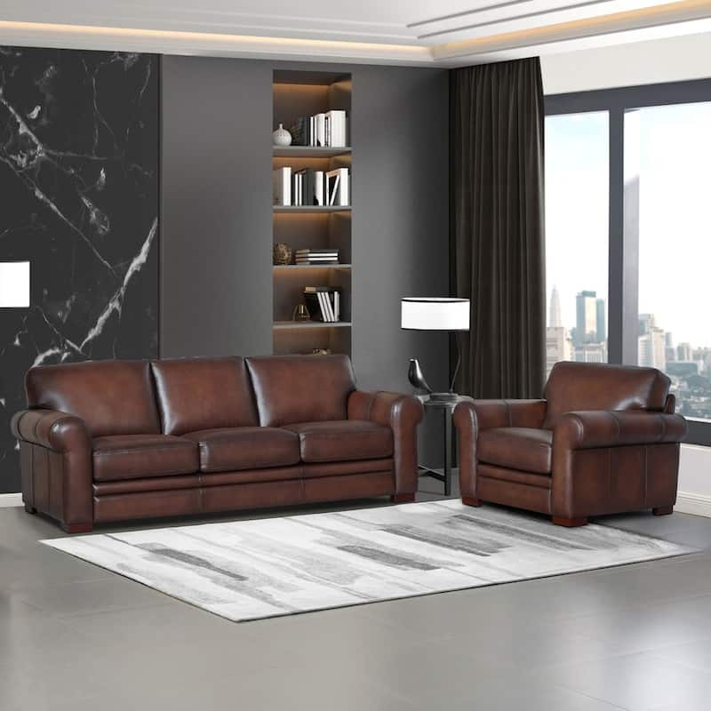 Hydeline Brookfield Top Grain Leather Sofa Set, Sofa and Chair - Caramel Brown