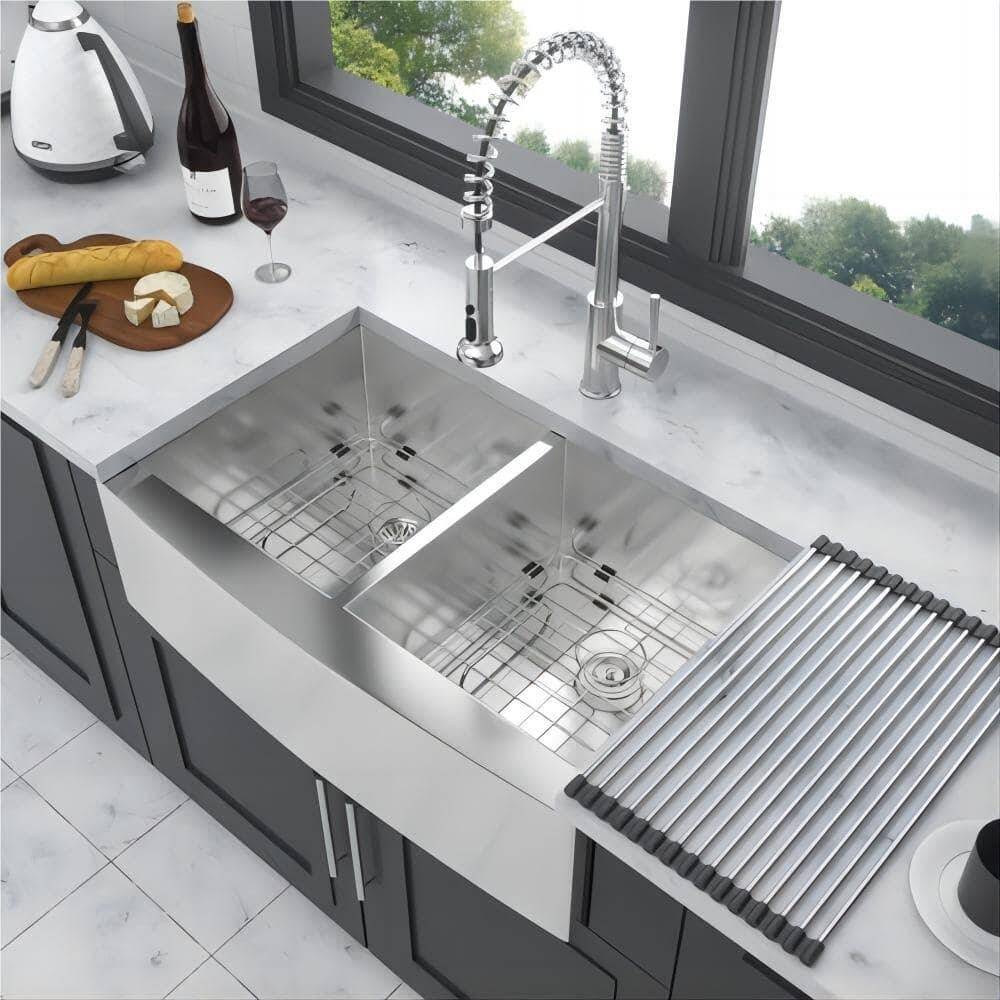 33 in 36 in Double Bowl (50/50) Farmhouse Sink Apron Front Kitchen Sink