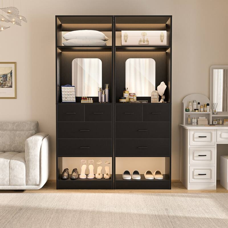 Cimly 25''W Closet Organizer with Mirror and Drawers, Freestanding Closet System for Walk-in/ Reach-in Closet - Black - Set of 2