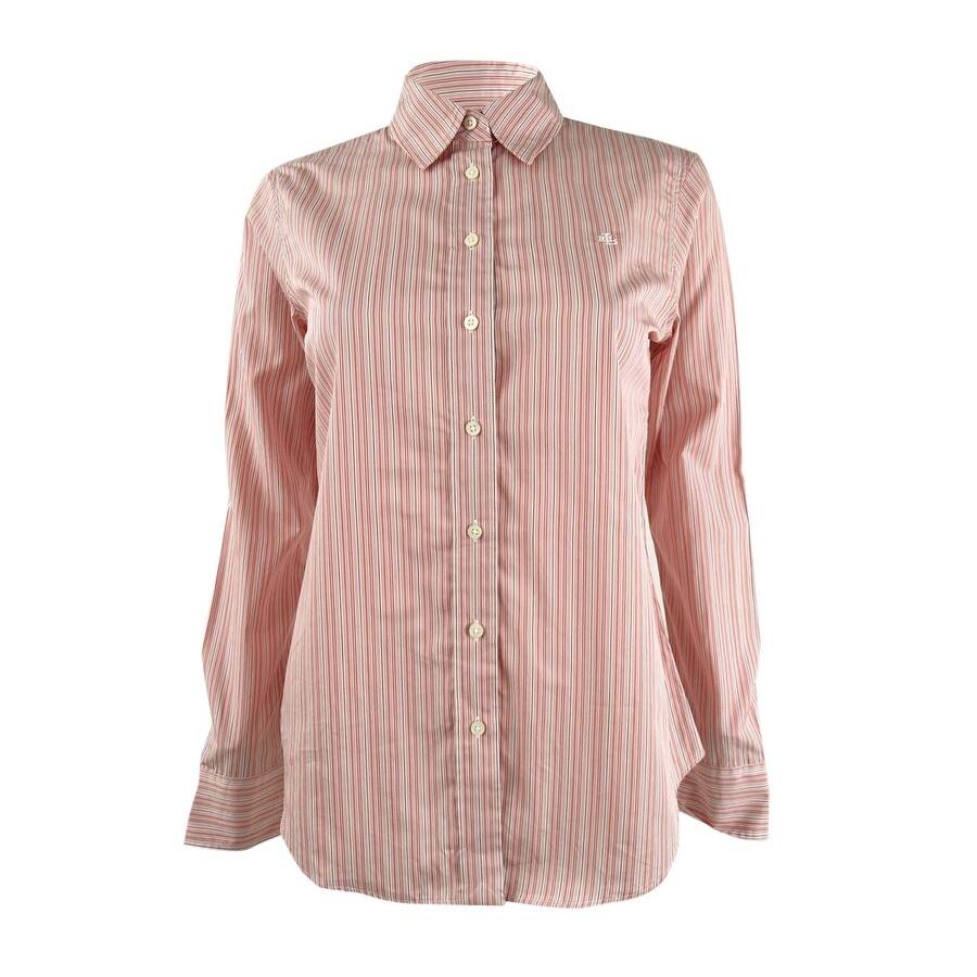 Lauren Ralph Lauren Women's Striped Cotton Broadcloth Shirt (XS, Pink Multi)