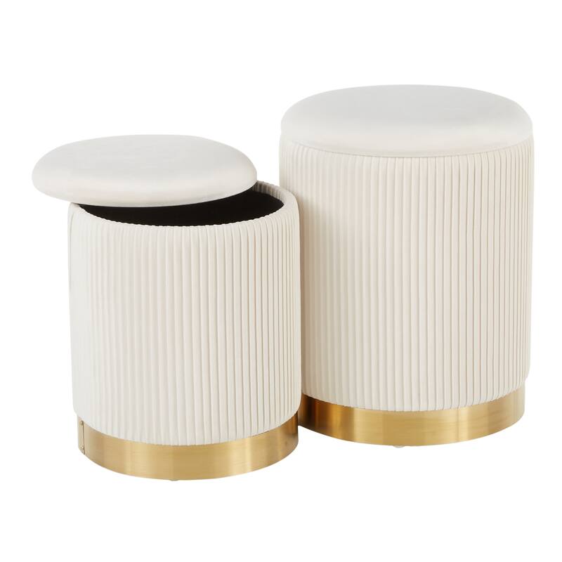 Marla Contemporary Nesting Pleated Ottoman Set in Gold Metal and Velvet by LumiSource
