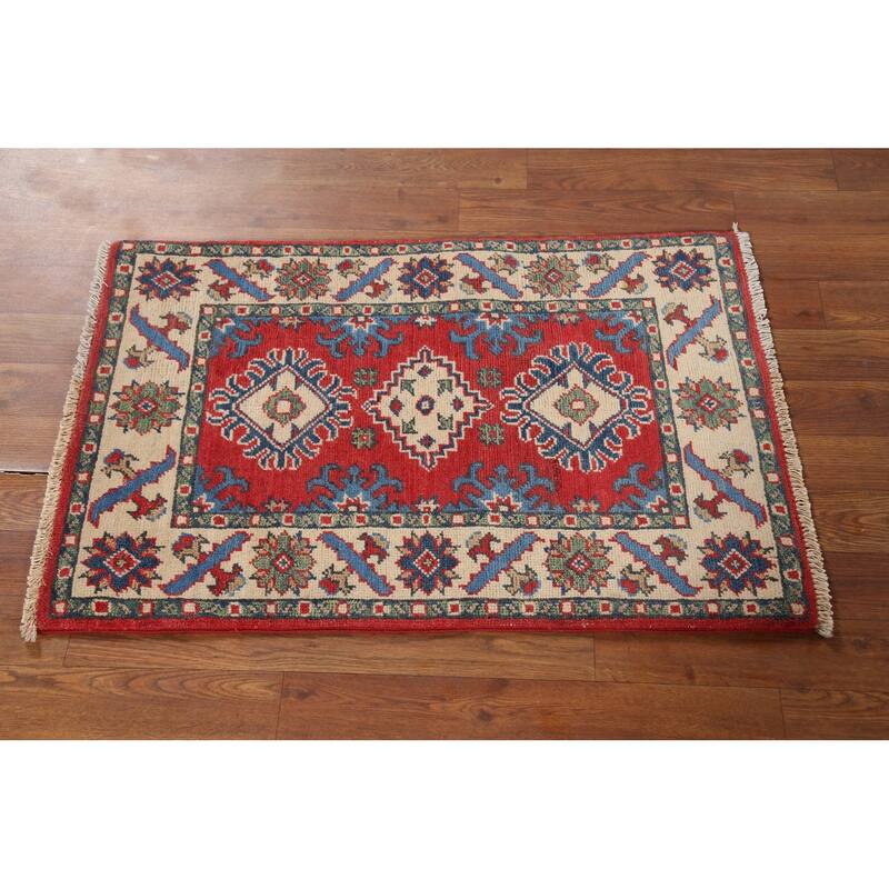 Geometric Red Kazak Oriental Accent Rug Handmade Wool Carpet - 2'1"x 2'10"