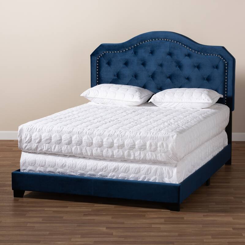 Queen Size Bed - Velvet Upholstered Button Tufted Bed Frame with Nailhead Trim & Feet