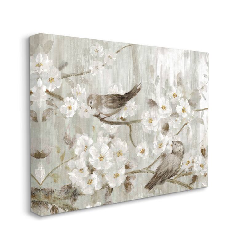 Stupell Birds on Spring Blossom Tree Branches Farmhouse Painting Canvas Wall Art - Grey