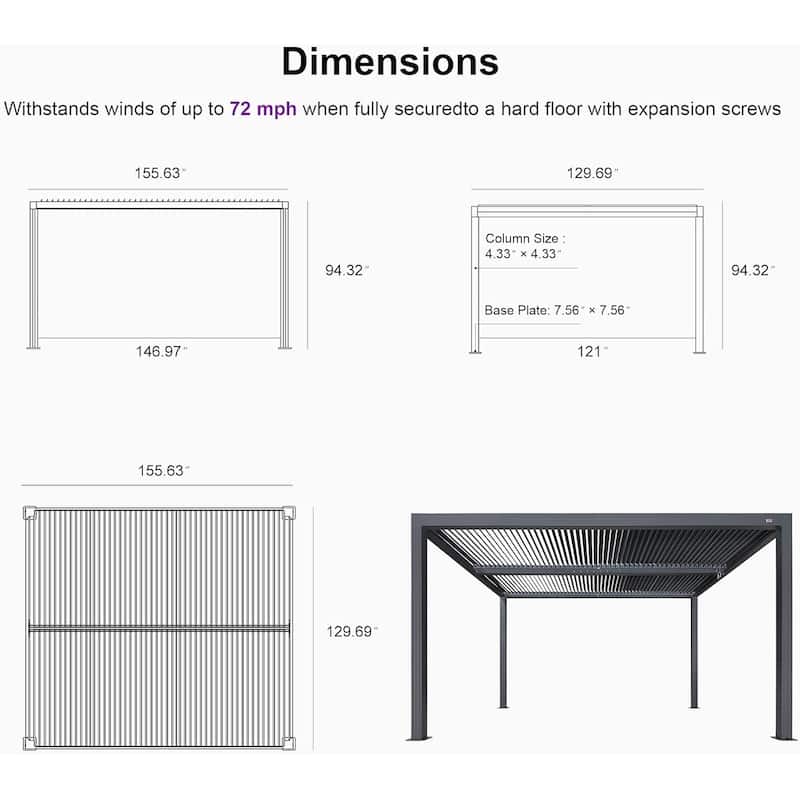 PURPLE LEAF Louvered Pergola Outdoor Aluminum Pergola with Adjustable Roof for Patio Hardtop Gazebo
