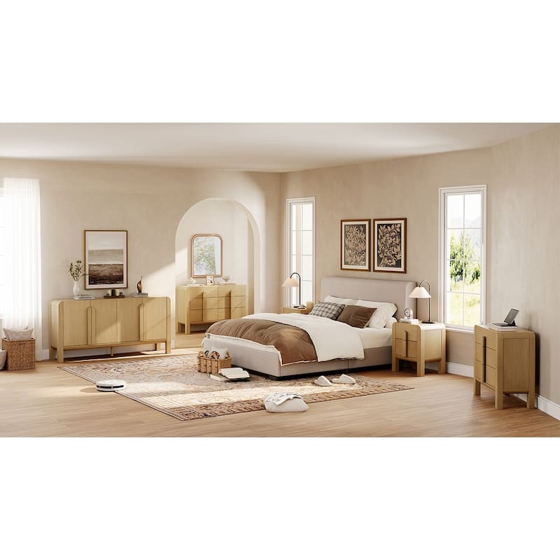 5 Pcs Wood Dresser and Nightstand Sets for Bedroom，Mid-Century Modern Bedroom Set with Curved Profile Design