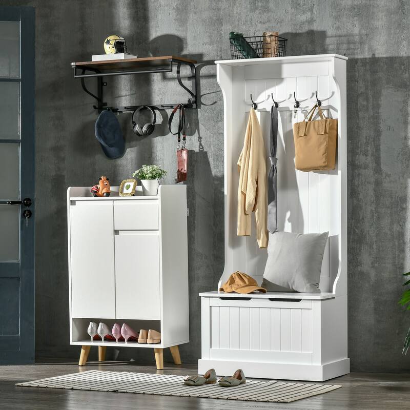 HOMCOM 3-In-1 Entryway Hall Tree with Storage Bench, Coat Rack with Four Hooks and Shoe Storage, White - White