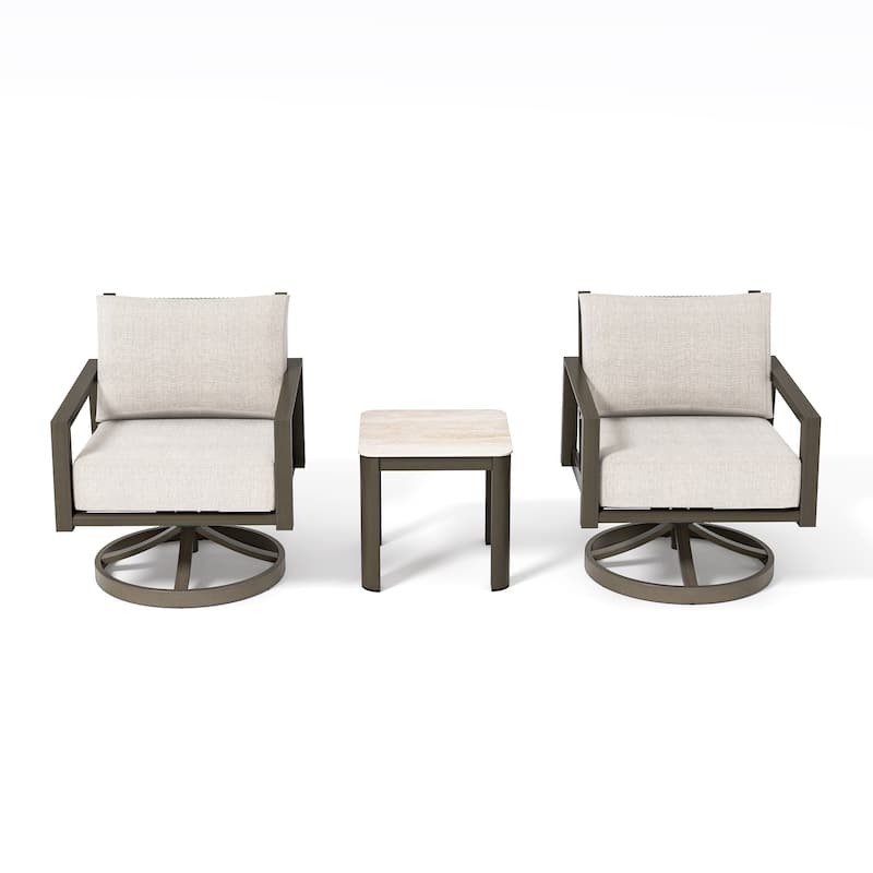 Nimbus 3-Piece Brown Aluminum Patio Conversation Set with Swivel Chairs, Sunbrella Light Gray Cushions and Side Table