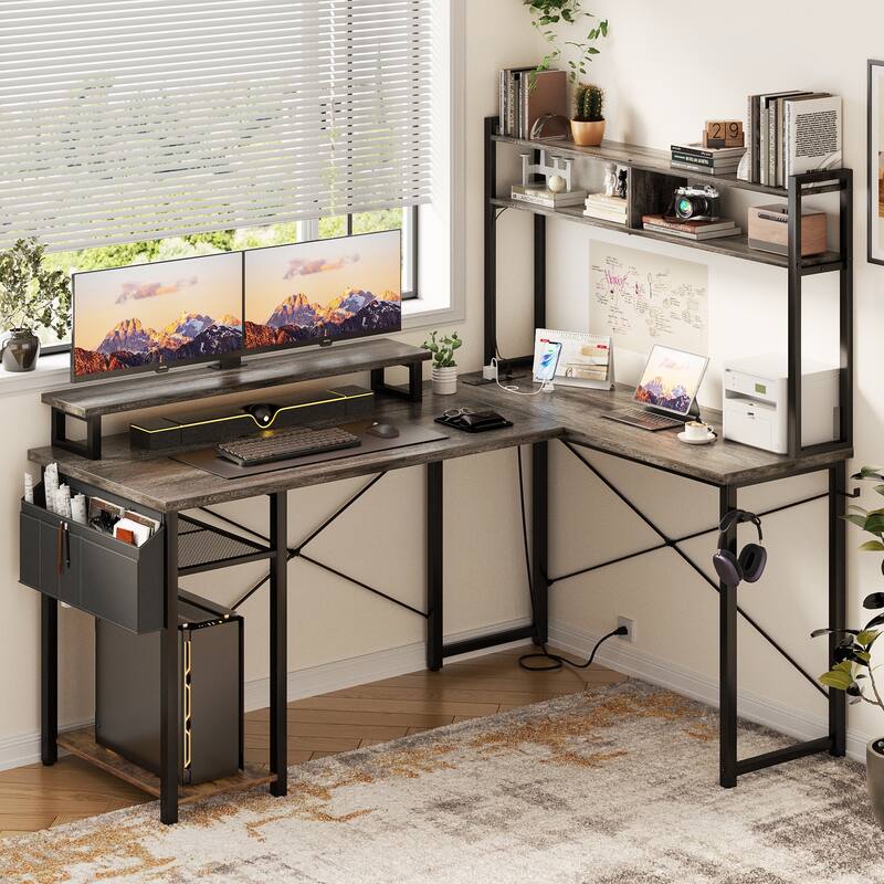 Farmhouse L-shaped Desk with Power Outlet, Gaming Table with Hutch and LED Light