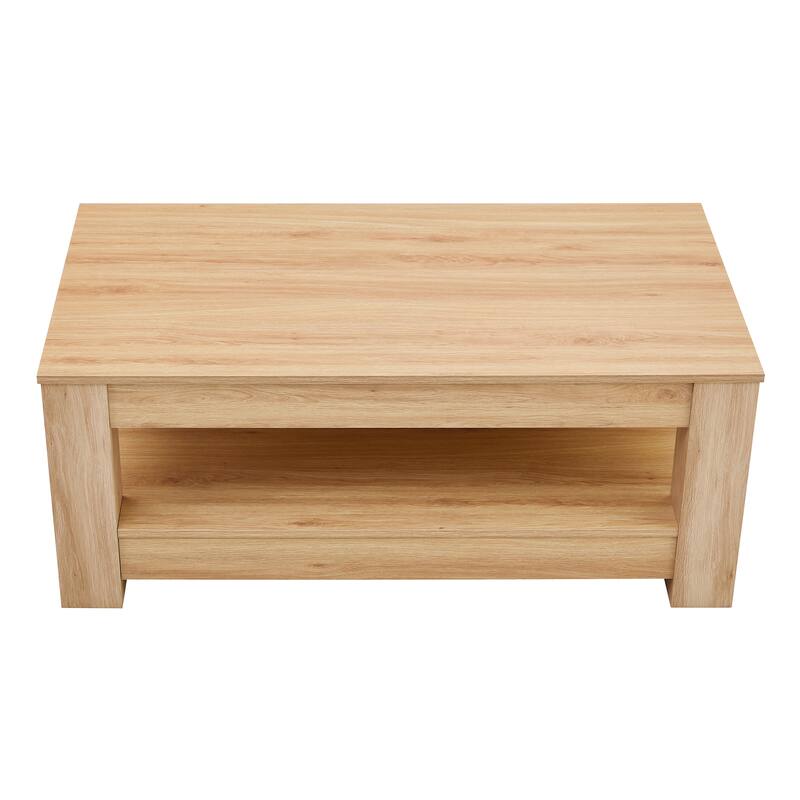 A modern and practical coffee table. The double layered coffee table is made of MDF material