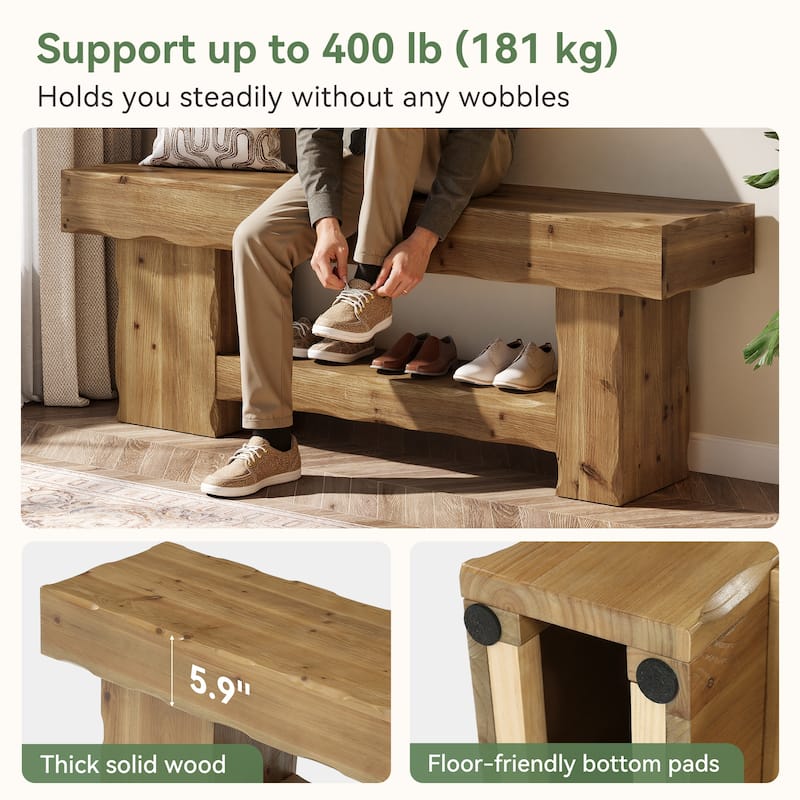 2 Tier Solid Wood Bench for Entryway, Bedroom, Kitchen, Dining Room, Living Room, Farmhouse Style, 63 Inch