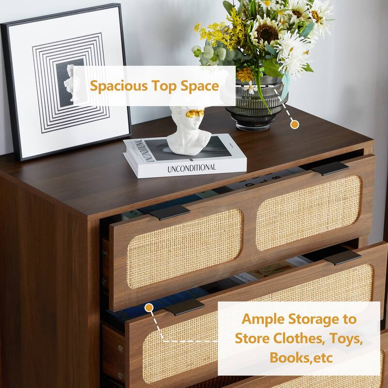 Wooden Rattan 5-Drawer Storage Cabinet Dresser