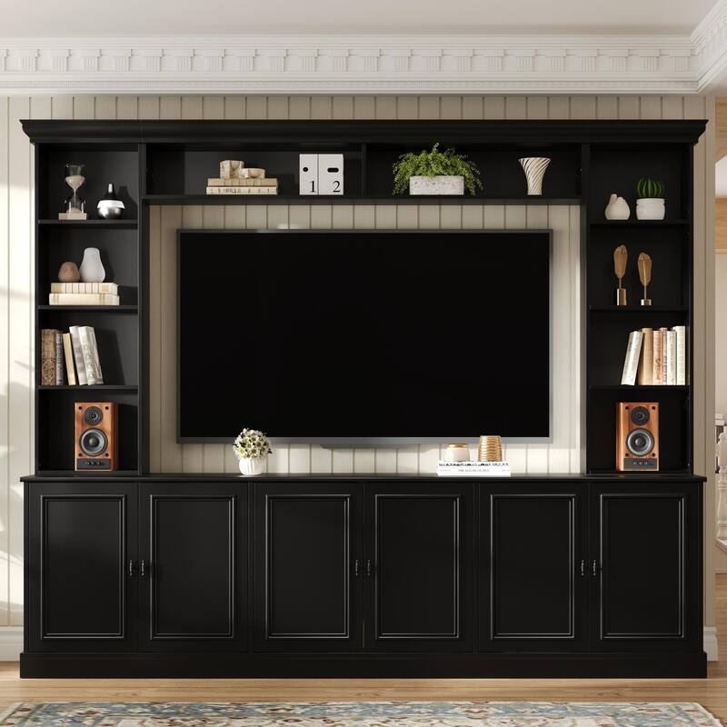 4-Piece Wall Unit Entertainment Center with Bookshelf for TVs Up to 70", Mid-Century Modern 97.4" TV Stand with Adjustable Shelf