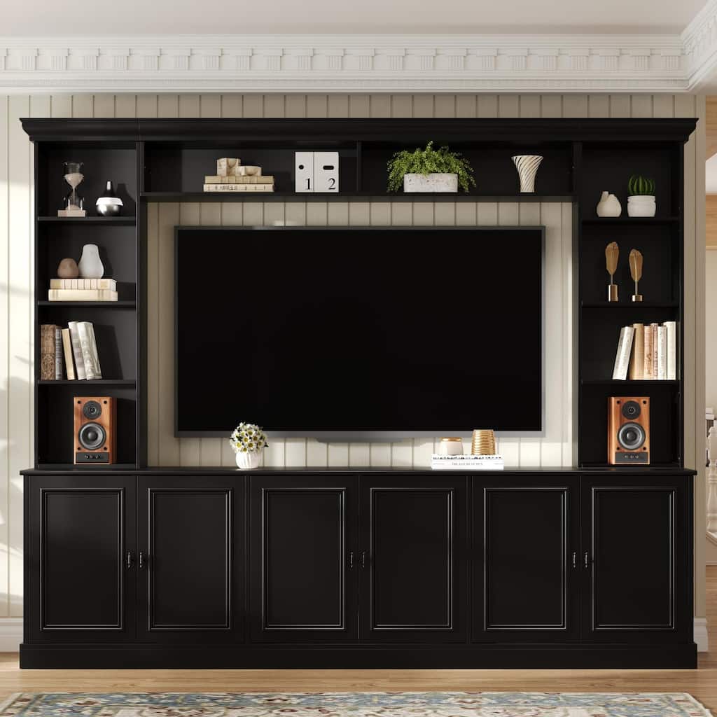 97.4"W Mid-Century TV Stand with Bookshelves, Adjustable Shelf & Bridge - Entertainment Center for TVs Up to 70"