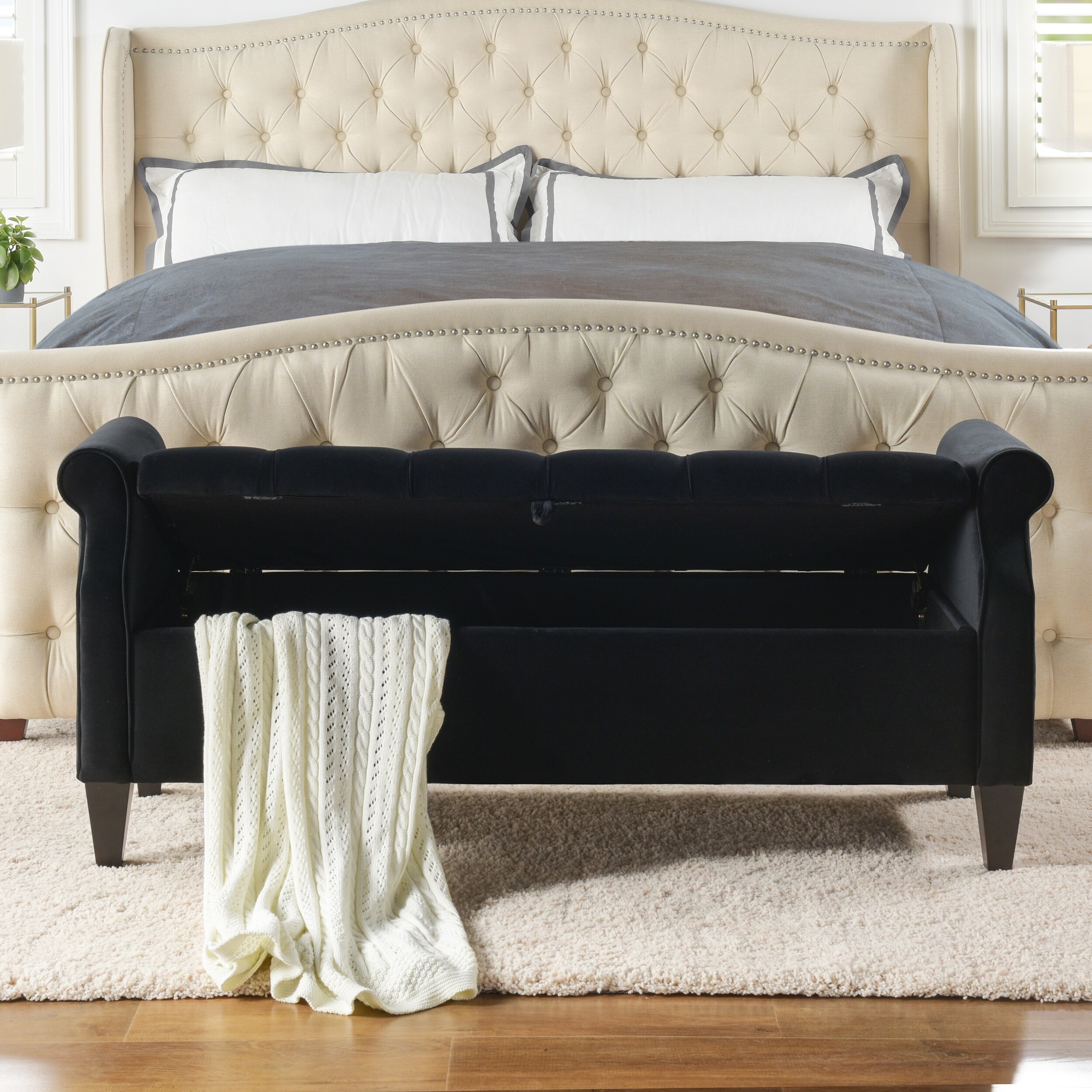 Shop Copper Grove Amalfi Tufted Storage Bench With Rolled Arms On Sale Overstock 28387222 Black Velvet Velvet