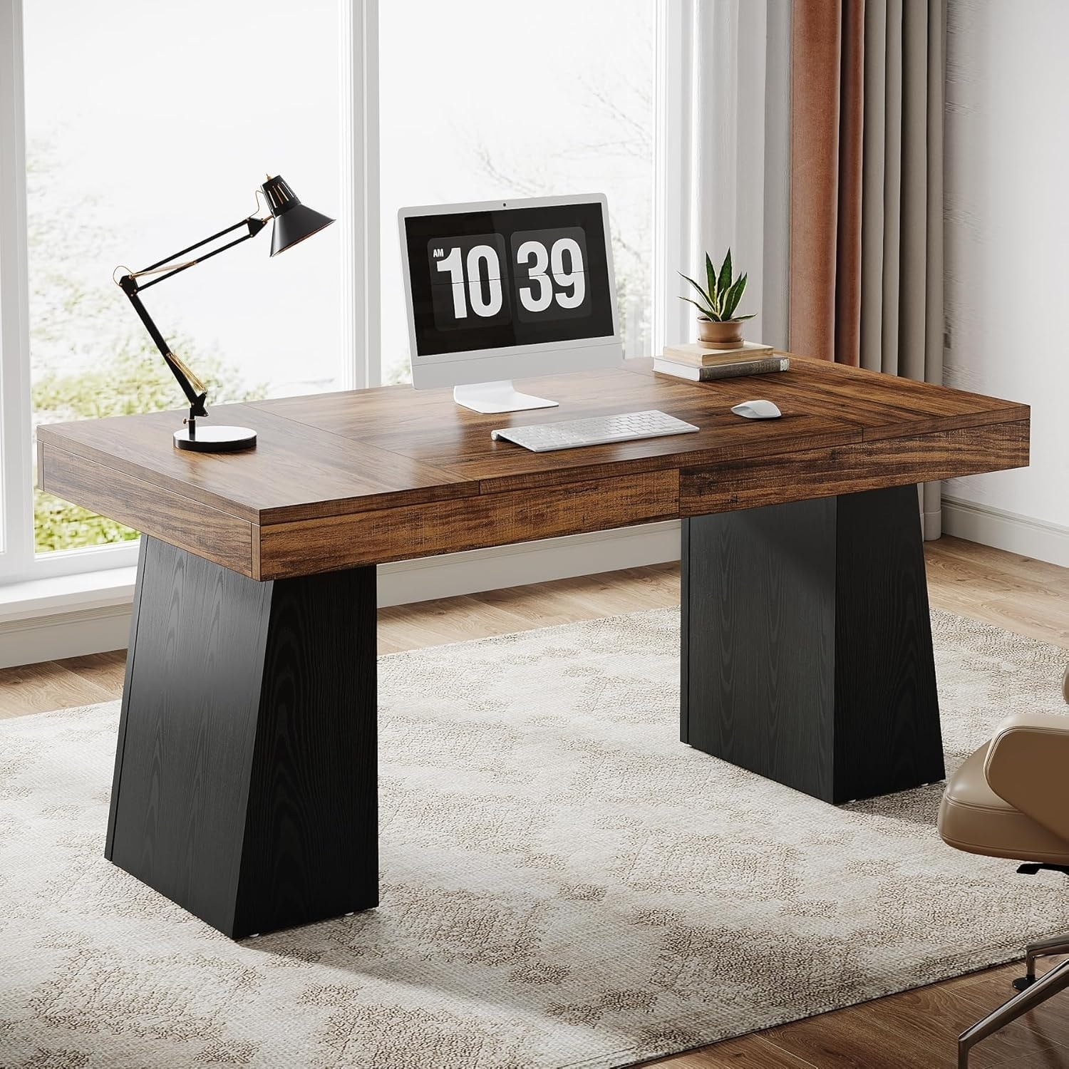 55 Inches Mid-Century Executive Desk with Double Trapezoid Base