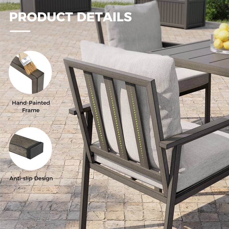 Quietude 7-Piece Gray Aluminum Patio Dining Set with Rectangular Table and Light Gray Cushions