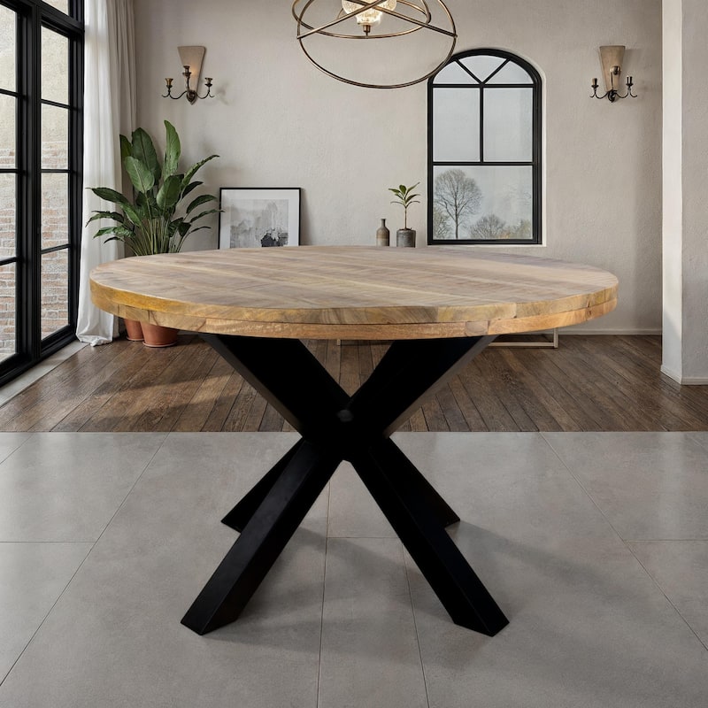 47" Diameter Industrial Round Dining Table with Solid Mango Wood Top and Black Iron Base - Brown