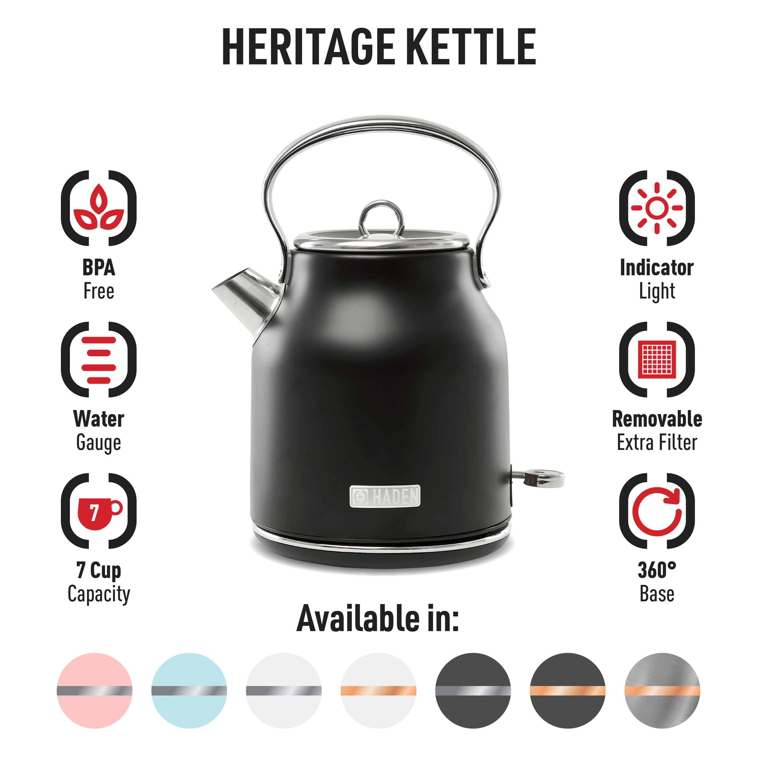 Haden Heritage 1.7 Liter Stainless Steel Body Retro Electric Tea
