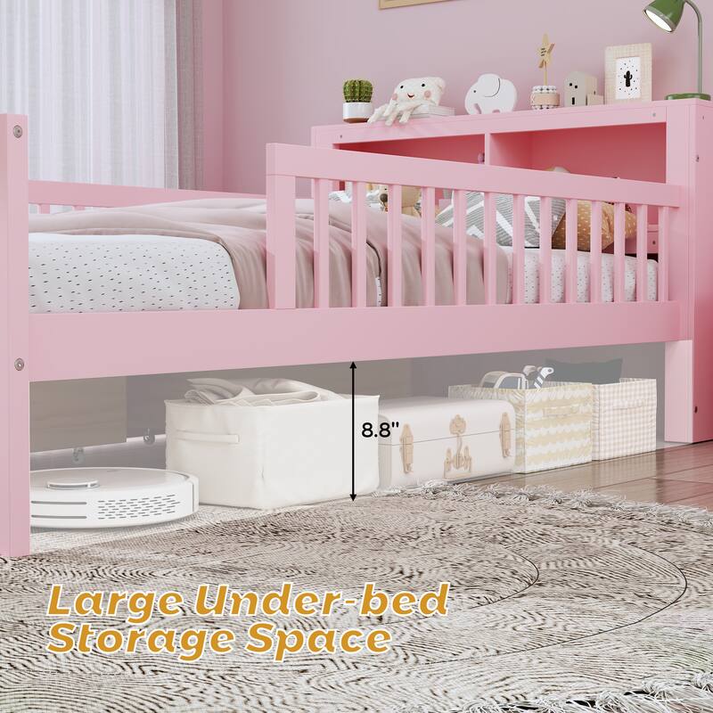 Safe Kids Bed Platform Bed Twin Size Wood Bed Frame with Storage Headboard and 2 Drawers Under, 3-Side Guardrails for Boys Girls