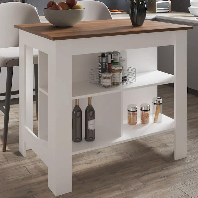 Modern Mahogany and White Kitchen Island, 3 Open Shelves for Easy Access and Storage - Mahogany