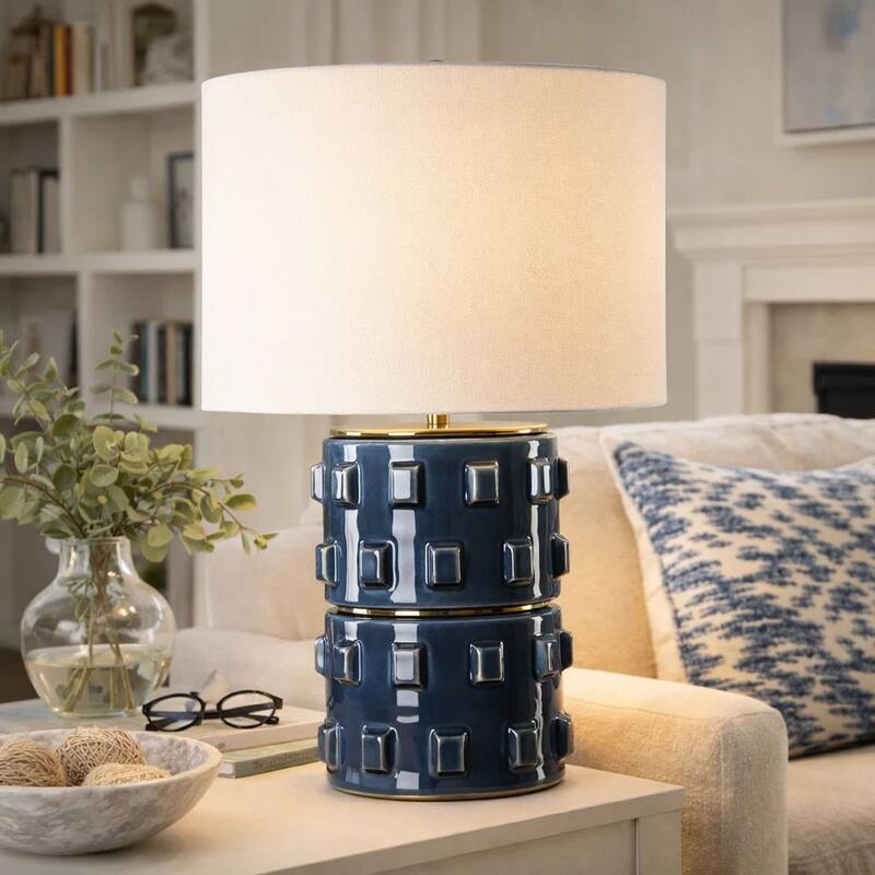 Table Lamp, 3D Raised Block Patterns, White Linen Shade, Blue 23 Inch