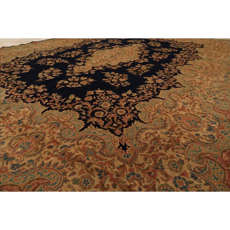 9x11'10'' Hand Knotted Wool Navy 250 KPSI Kerman Vintage pristine Geometric Rug - 9' x 11' 10''