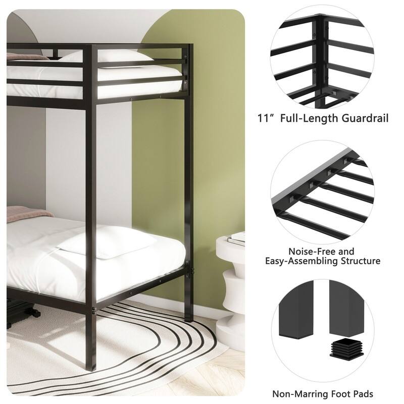 Twin Over Twin Metal Bunk Bed with Ladder and Guardrails