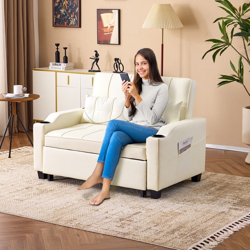 Upholstered Cat's Claw Leather Convertible Reclining Sleeper Sofa Bed With Cushions For Small Spaces