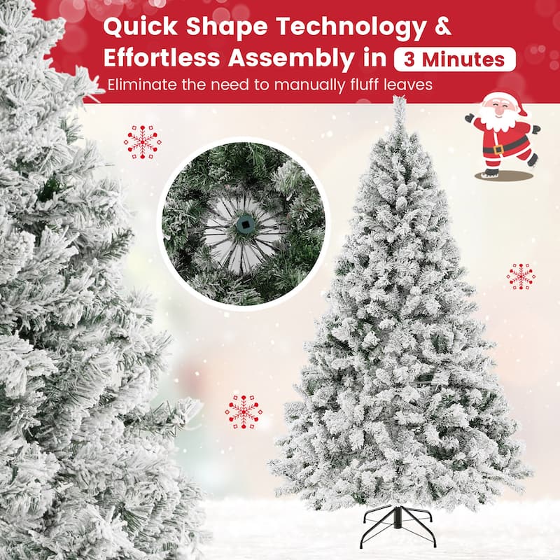 Gymax 6/7/8 FT Pre-Lit Snow-Flocked Xmas Tree 3-Minute-Setup