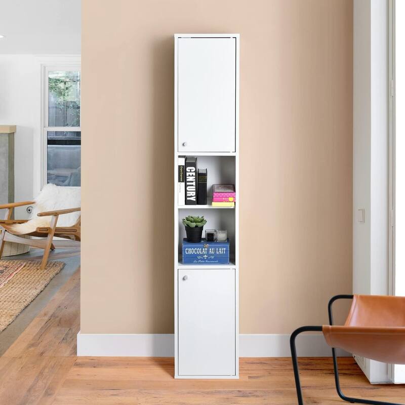 HomyLin White MDF Wood 63-Inch Tall Linen Tower Bathroom Cabinet Narrow Storage Organizer with 6-Shelve