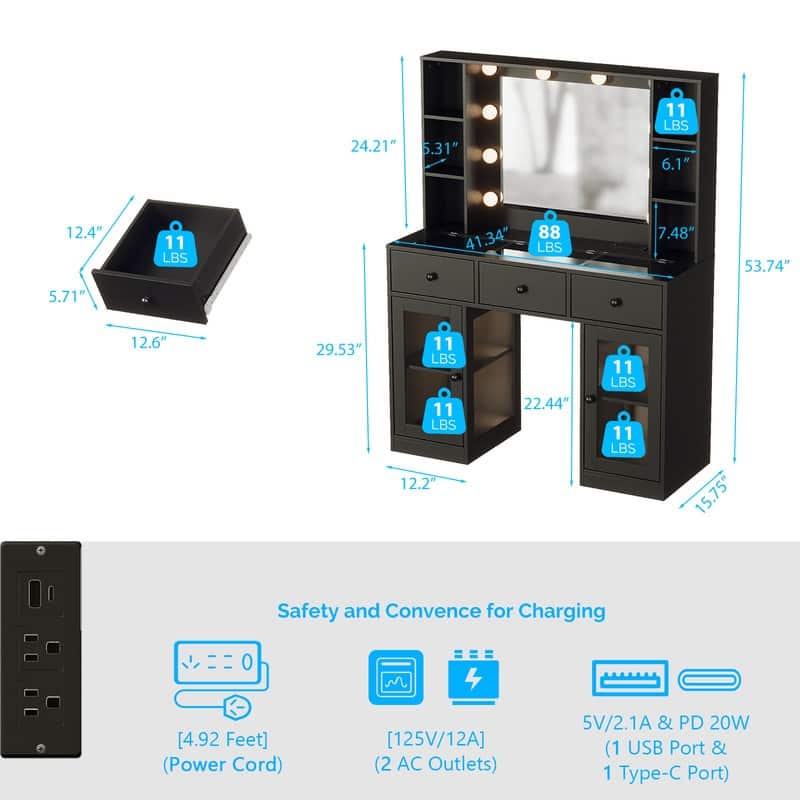 Particle Board Veneered 3 Drawers 2 Glass Doors Left and Right 2-tier Shelves Glass Tabletop Dressing Table - N/A