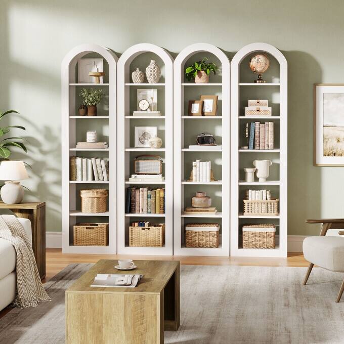 74.8-Inch Arched Tall Bookshelf, 6-Tier Rustic Wooden Bookcase