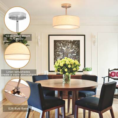 3-Light Classic Hanging Semi Flush Mount Ceiling Light Fixture with Rattan Cover for Kitchen Island