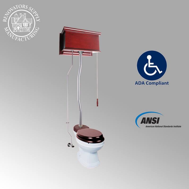 Cherry Wooden High Tank Toilet Flat Tank, Elongated White Bowl and Satin Plated Z Pipes