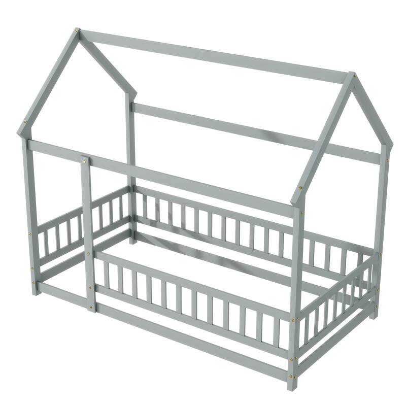 Twin Size House Floor Wooden Bed with Roof Frame, Safety Guardrails