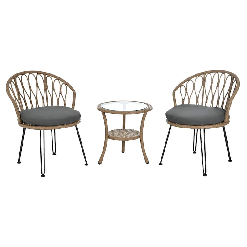 Outdoor Leisure Set, 2 Rattan Single Chairs with A Glass Round Table, Perfectly Suited for Patios, Balconies, and Courtyards