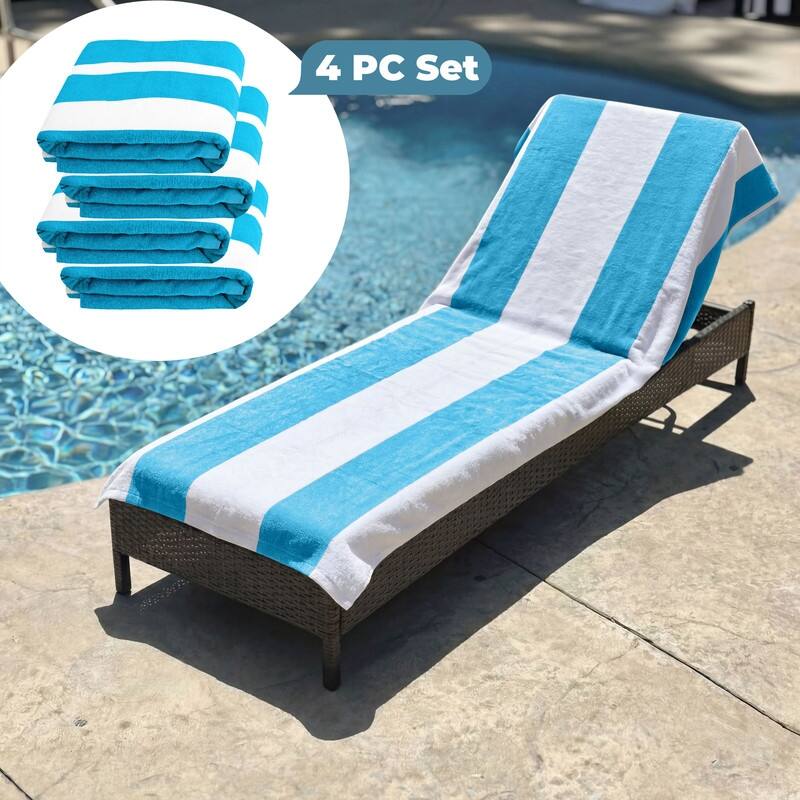 100% Cotton Cabana‑Stripe Lounge Chair Cover Terry Towel with Fitted Pocket & Back Flap Set of 4