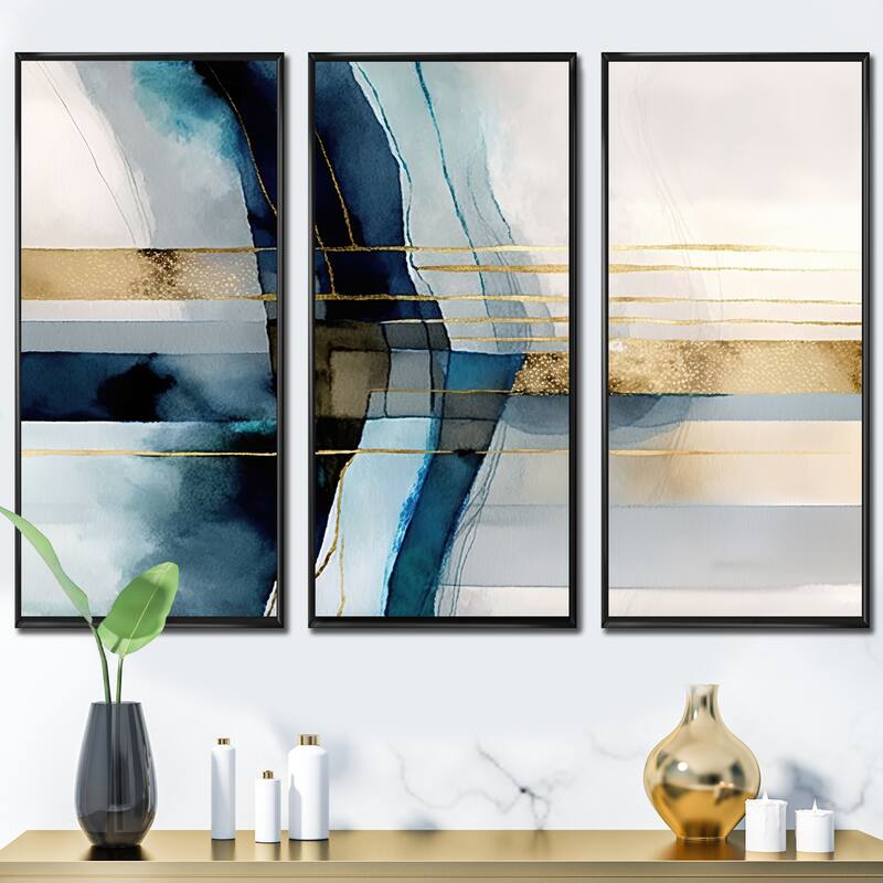 Designart "Abstract Transitional Modern Shapes V" Modern Shapes Transitional Framed Canvas Art Print - 3 Panels - 48 in. wide x 32 in. high - 3 Panels - Black
