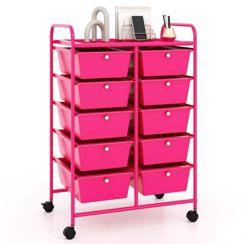 10 Tiers Multicolor Trolley Rolling Cart w/ 10 Drawers & Wheels - Hot Pink