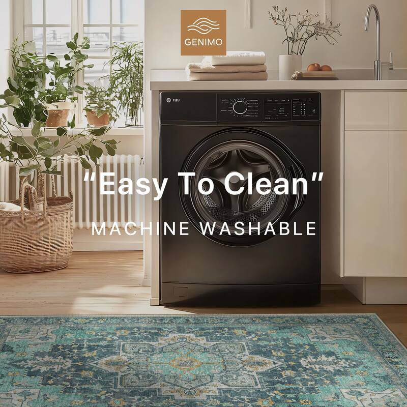 Mcow Green Floral Low Pile Machine Washable Non-Slip Area Rug