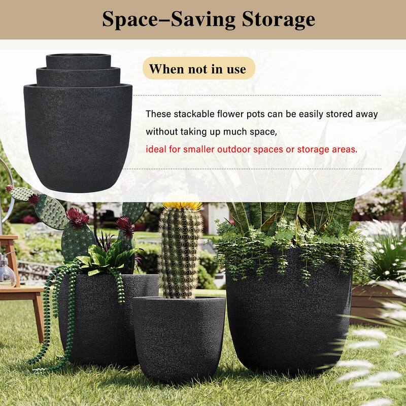 Lightweight Matte Textured MGO Flower Pot Set of 3,Round Concrete Stackable Planter with Drainage Holes and Rubber Plug