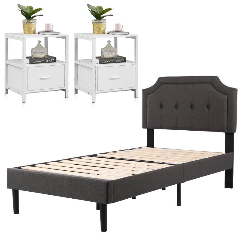 VECELO 3-Pieces Modern Upholstered Bed with Height Adjustable Headboard and Nightstands Sets