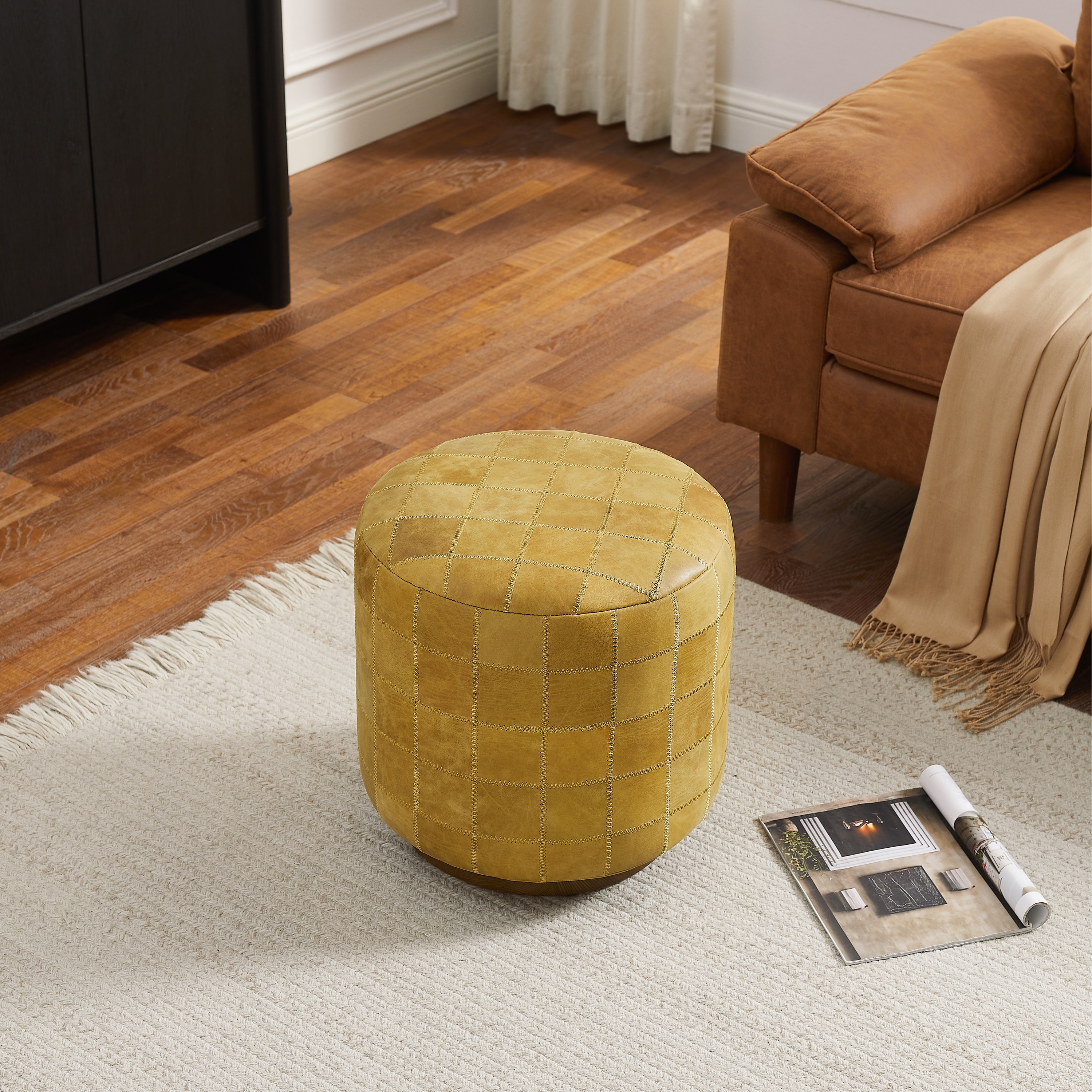 Vintage Genuine Leather Ottoman Footstool with Checkered Stitching
