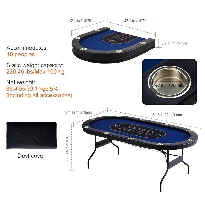 Blue Foldable Poker Table, Tool-Free Assembly and Sturdy Metal Frame - 84.3” L x 42.1” W x 29.9” H
