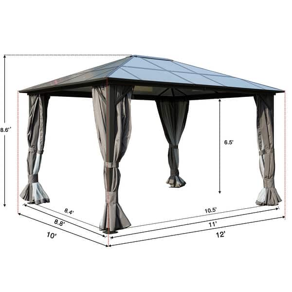 dimension image slide 1 of 2, Kozyard 10ftx12ft' Polycarbonate Top Aluminum Permanent Gazebo with a Mosquito Net and Privacy Curtain