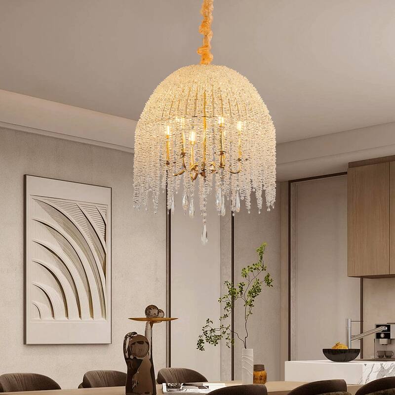 20 Inch 6-Light K9 Crystal Pendant Light Chandelier- Elegant Waterfall Design with Cascading Crystal Bead Strings - Gold