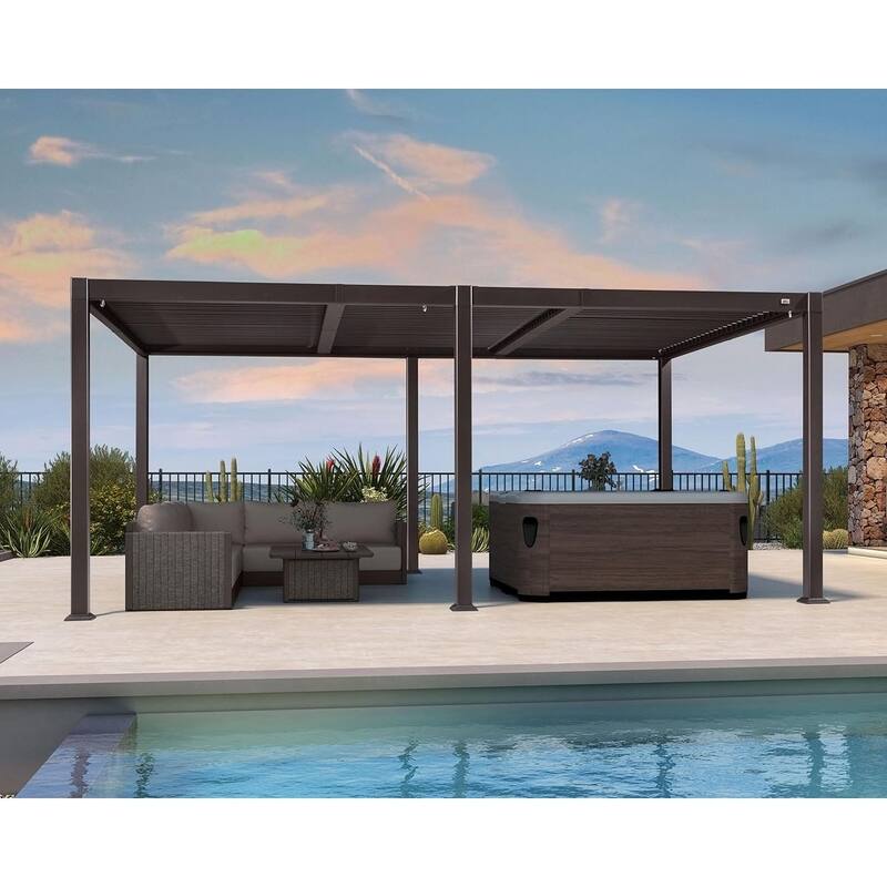 PURPLE LEAF Solar Louvered Pergola with LED String Lights Aluminum Outdoor Pergola with Adjustable Roof for Patio Garden - 10' x 12' - Beige&black