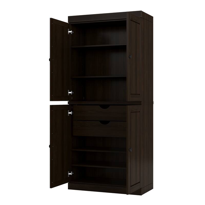 Solid Wood Tall Freestanding Kitchen Pantry Cabinet with Doors & 2 Drawers, Adjustable Shelves, Modular Storage, 32" W x 71.5" H - Espresso
