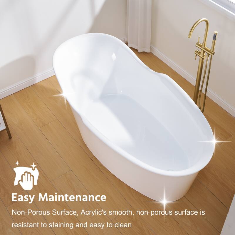 66'' W,63 GALLONS Freestanding Acrylic Soaking Bathtub With Drain And Overflow Holes